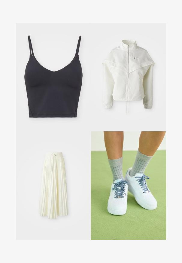 Balta ilga rankovė zip-up striukė su aukštu apykakle, švarkelio tipo detalėmis ant pečių, elastingomis rankovėmis ir mažuoju juodu Nike logotipu ant krūtinės.; Juodas vientisas braletė su plonomis reguliuojamomis petnešėlėmis, V formos iškirpte ir prigludusia forma. Minkšta, elastinga medžiaga be matomų detalių.; Šviesiai geltona, krokuota midi sijonas, su elastinga juosta ir juostele, glotnaus audinio tekstūra ir vertikalios juostelės papildomam akcentui.; Balti odiniai sportbačiai su mėlynais akcentais, perforuota nosies dizainu ir tekstūruotomis mėlynai-baltomis raištelėmis, dėvimi su pilkais raukšlėtais kojiniais.
