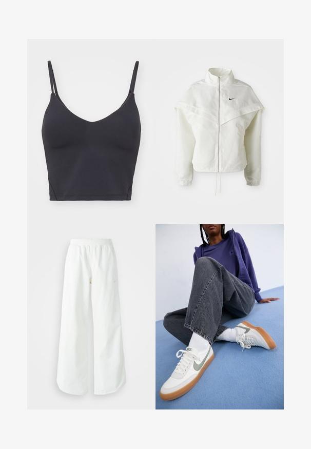 Bela jakna z dolgimi rokavi in zadrgo, visokim ovratnikom, plaščastim detajlom čez ramena, elastičnimi manšetami in majhnim črnim logotipom Nike na prsih.; Črna brezšivna braletka z tankimi nastavljivimi naramnicami, v-izrezom in prilegajočim dizajnom. Nežen, elastičen material brez vidnih kovinskih delov.; Bela športna hlače širokega kroja z rebrastim pasom in diskretno logotipno podrobnostjo. Gladek material z sproščenim krojem in zoženim robom.; Bele tene Nike športne copate z sivimi detajli, z gumijastim podplatom, obuti z belimi nogavicami. Temno sivi, rahlo uničeni široki kavbojki. Modra ozadja.