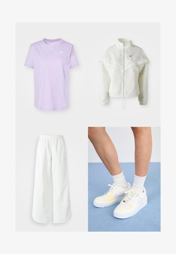 Balta ilga rankovė zip-up striukė su aukštu apykakle, švarkelio tipo detalėmis ant pečių, elastingomis rankovėmis ir mažuoju juodu Nike logotipu ant krūtinės.; Nike Sportswear CLUB TEE - Paprasti marškinėliai - violet mist; Balti sportiniai keliai su platėjančiomis kojomis, su įtemptu juosmeniu ir subtilia logotipo detale. Lygus audinys, laisvas kirpimas ir siaurėjantis apatinis kraštas.; Baltos odinės sportbačiai su geltonais ir levandų akcentais, apvaliu pirštu, plokščiomis raišteliais ir tekstūruota guma. Dėvimi su baltais kojinėmis.