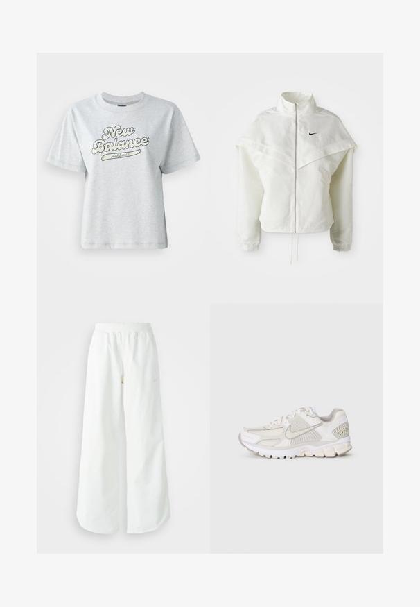 Balta ilga rankovė zip-up striukė su aukštu apykakle, švarkelio tipo detalėmis ant pečių, elastingomis rankovėmis ir mažuoju juodu Nike logotipu ant krūtinės.; Pilka medvilninė marškinėlių su apvalia iškirpte, trumpomis rankovėmis ir mėlyna bei balta spausdinta "New Balance Athletics" logotipu.; Balti sportiniai keliai su platėjančiomis kojomis, su įtemptu juosmeniu ir subtilia logotipo detale. Lygus audinys, laisvas kirpimas ir siaurėjantis apatinis kraštas.; Baldos spalvos sportinė avalynė, pagaminta iš tinklinės ir sintetinės medžiagos. Yra su tekstūruotu dizainu, paminkštintu apvadu ir geometriniais akcentais ant kulno.