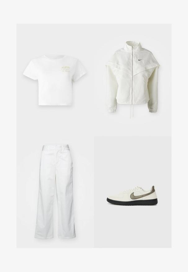 Jaqueta branca de mangas longas com fecho éclair e gola alta, detalhe tipo capa nos ombros, punhos elásticos e pequeno logótipo preto da Nike no peito.; Camiseta branca curta, feita de algodão, com um design gráfico simples em amarelo apresentando "BILLABONG" e "SINCE 1973" bordados na parte da frente.; Calças largas brancas feitas de algodão, com uma textura suave, corte reto, bolsos frontais e bainha limpa.; Nike Sportswear FIELD GENERAL - Sapatilhas - off-white/black