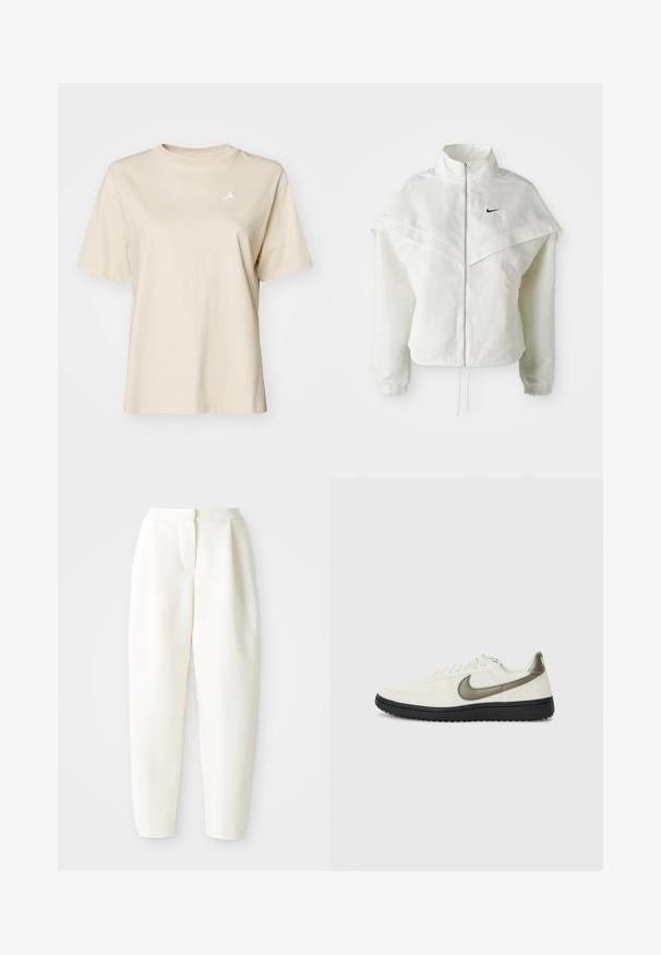 Bjela jakna dugih rukava s patentnim zatvaračem i visokim ovratnikom, s kapastim detaljima preko ramena, elastičnim manžetama i malim crnim Nike logom na prsima.; Jordan TEE - Osnovna majica kratkih rukava - legend light brown/sail; Bijele hlače visokog struka sužene kroja s skrivenim prednjim kopčanjem i bočnim džepovima, prikazane na jednostavnoj bijeloj pozadini.; Nike Sportswear FIELD GENERAL - Tenisice - off-white/black
