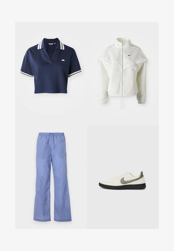 Chaqueta blanca de manga larga con cremallera y cuello alto, detalle tipo capa en los hombros, puños elásticos y pequeño logo negro de Nike en el pecho.; Camisa polo corta de color azul marino con cuello en V, cuello a rayas blancas y mangas cortas, que presenta un pequeño logo en el lado izquierdo del pecho.; Pantalones ligeros de color azul con cintura elástica, con un corte holgado y piping lateral. Fabricados con un material suave y duradero.; Nike Sportswear FIELD GENERAL - Zapatillas - off-white/black