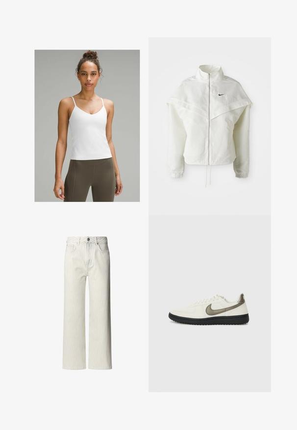 Witte lange mouwen zip-up jas met hoge kraag, cape-achtige details over de schouders, elastische manchetten en een klein zwart Nike-logo op de borst.; Witte cami-top met dunne bandjes, V-hals ontwerp, gladde textuur, aansluitende silhoeet, gecombineerd met hoogtaille olijfgroene leggings.; Lichtgekleurde broek met wijde pijpen en verticale strepen, gemaakt van katoen. Voorzien van een knoopsluiting en riemlussen.; Nike Sportswear FIELD GENERAL - Sneakers laag - off-white/black