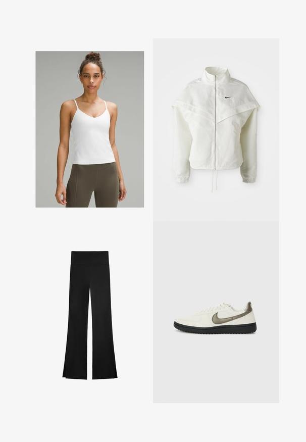 Jachetă albă cu mâneci lungi, cu fermoar, guler înalt, detalii asemănătoare unei capele pe umeri, manșete elastice și un mic logo Nike negru pe piept.; Top alb cu bretele subțiri, design cu decolteu în V, textură netedă, siluetă ajustată, asortat cu colanți verzi măslinii cu talie înaltă.; Pantaloni negri cu un design evazat, având un talie înaltă și slits laterale pentru o mișcare ușoară. Fabricat dintr-un material neted și elastic.; Nike Sportswear FIELD GENERAL - Sneakers low - off-white/black