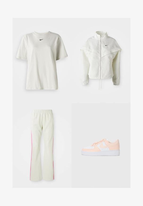 Fehér, hosszú ujjú, zipzáras dzseki magas gallérral, a vállakon lebegő, köpenyszerű résszel, rugalmas mandzsettákkal és kis fekete Nike logóval a mellkason.; Fehér pamut póló kerek nyakkal és rövid ujjal. A mellkason egy kis fekete Nike logó található. Egyszerű és díszítetlen dizájn.; Világos bézs színű nadrág, elasztikus derékrésszel, rózsaszín oldalsávokkal és oldalzsebekkel. Sima felület, egyenes lábdesign.; A Nike Air Force 1 sportcipő fehér bőr felsőrésszel rendelkezik, melyet puha rózsaszín részletek díszítenek. A gumitalp bordázott a jó tapadás érdekében. Klasszikus dizájn és fűzős záródás jellemzi.