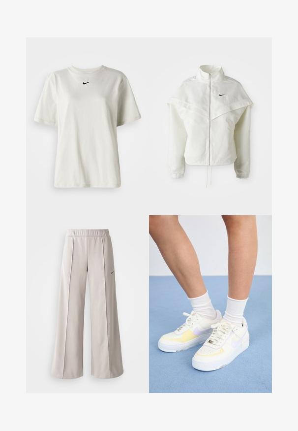 Jaqueta branca de mangas longas com fecho éclair e gola alta, detalhe tipo capa nos ombros, punhos elásticos e pequeno logótipo preto da Nike no peito.; T-shirt de algodão branco com decote redondo e mangas curtas. Apresenta um pequeno logo preto da Nike no peito. Design simples e sem adornos.; Calças largas de tom cinza claro feitas de tecido suave. Apresentam uma cintura elástica e o logo da Nike em preto no lado esquerdo.; Sneakers de couro branco com detalhes em amarelo e lavanda, bico arredondado, cadarços planos e sola de borracha texturizada. Usados com meias brancas.