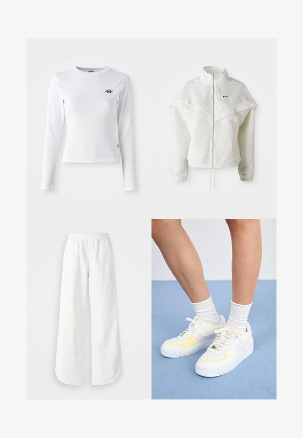 Λευκό ζακέτα με μακριά μανίκια και κλείσιμο με φερμουάρ, υψηλό γιακά, λεπτομέρεια που μοιάζει με κάπα στους ώμους, ελαστικούς μανσέτες και μικρό μαύρο λογότυπο Nike στο στήθος.; Λευκό πουκάμισο με μακριά μανίκια φτιαγμένο από ριμπ ύφασμα. Διαθέτει ένα μικρό μαύρο λογότυπο στο στήθος. Στενή γραμμή με στρογγυλή λαιμόκοψη.; Λευκό αθλητικό παντελόνι σε φαρδιά γραμμή με ραμμένο ζώνη και διακριτική λεπτομέρεια λογότυπου. Απαλή υφή με άνετη εφαρμογή και στενό στρίφωμα.; Λευκά δερμάτινα αθλητικά παπούτσια με κίτρινες και λιλά λεπτομέρειες, στρογγυλή μύτη, επίπεδες κορδόνια και υφασμάτινη σόλα από καουτσούκ με υφή. Φοριούνται με λευκές κάλτσες.