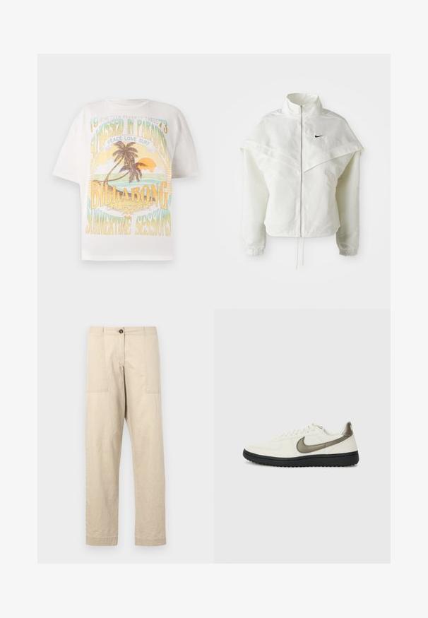Valge pikkade varrukatega tõmblukuga jakk kõrge kraega, kätetooted, mis meenutavad katet õlgadel, elastsete mansettidega ja väikese musta Nike logoga rinnal.; Valge puuvillane T-särk, millel on värviline graafiline trükk palmipuudest, päikesest ja tekstist: "PÄIKSEGA KASTETUD PARADISIS", "BILLABONG" ja "SUVESESSIOONID."; Beige puuvillased püksid sirge lõikega, ees taskud, nööbiga kinnitamine ja allääred kääritud. Sile tekstuur ja minimalistlik disain.; Nike Sportswear FIELD GENERAL - Tossud - off-white/black