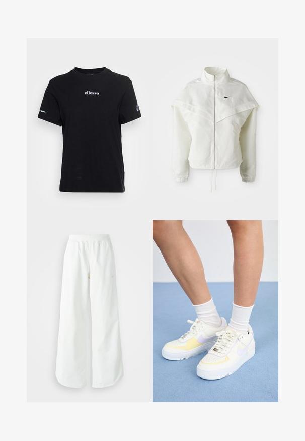 Jaqueta branca de mangas longas com fecho éclair e gola alta, detalhe tipo capa nos ombros, punhos elásticos e pequeno logótipo preto da Nike no peito.; Ellesse VINCA TEE - T-shirt estampada - black; Calças atléticas largas brancas com uma cintura canelada e um discreto detalhe de logótipo. Tecido suave com um corte relaxado e terminações ajustadas.; Sneakers de couro branco com detalhes em amarelo e lavanda, bico arredondado, cadarços planos e sola de borracha texturizada. Usados com meias brancas.