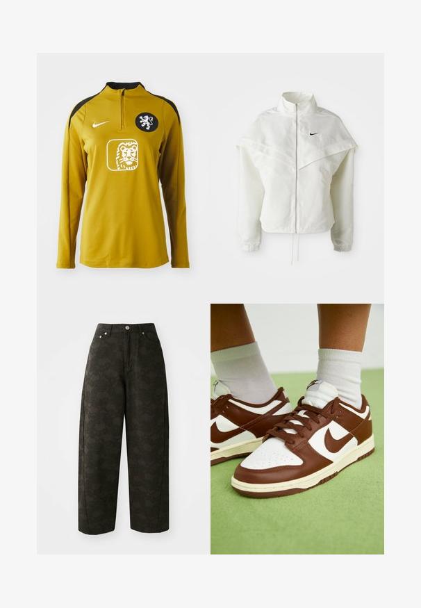 Hvid langærmet zip-up jakke med høj krave, kappe-lignende detaljer over skuldrene, elastiske manchetter og lille sort Nike-logo på brystet.; Gul langærmet sportstrøje med kvart lynlås, sorte skulderdetaljer, et løveemblem på brystet og Nike-logo på venstre skulder.; Mørkegrønne vide bukser har et tekstureret blomsterdesign, fem lommer og metalknaplukninger i taljen.; Brune og hvide lædersneakers med perforeret tå, strukturerede detaljer og flade snørebånd. Modellen har et lavt design og gummisål.