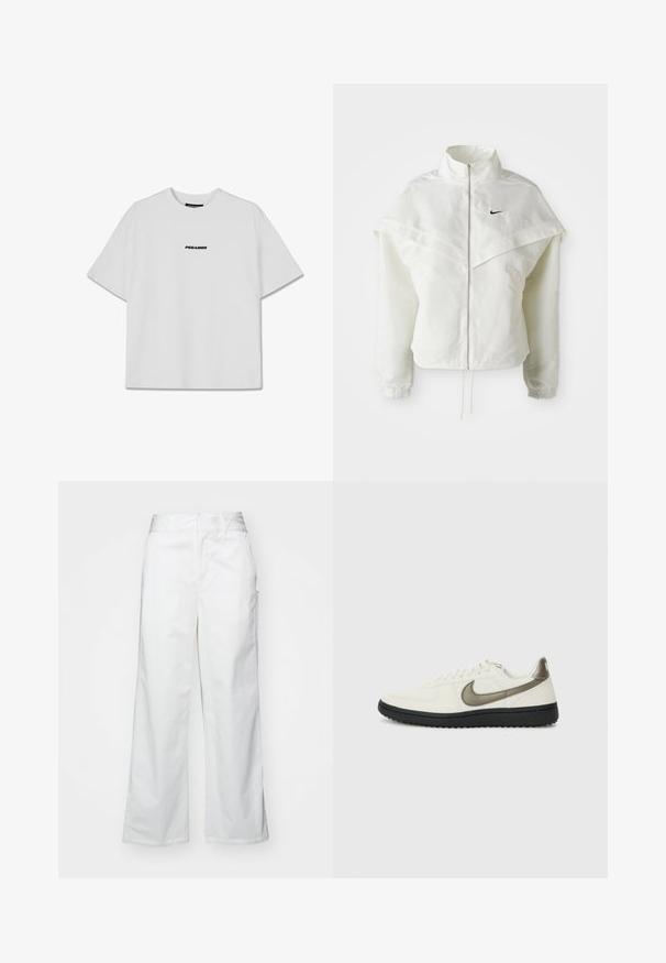 Fehér, hosszú ujjú, zipzáras dzseki magas gallérral, a vállakon lebegő, köpenyszerű résszel, rugalmas mandzsettákkal és kis fekete Nike logóval a mellkason.; Fehér, rövid ujjú, kerek nyakú póló, pamutból készült. A mellkason fekete "PEGADOR" logó található. Egyszerű, dobozszerű forma.; Fehér, bő szárú nadrág, pamutból készült, sima textúrával, egyenes szabással, elülső zsebekkel és tiszta szegéllyel.; Nike Sportswear FIELD GENERAL - Sportcipő - off-white/black