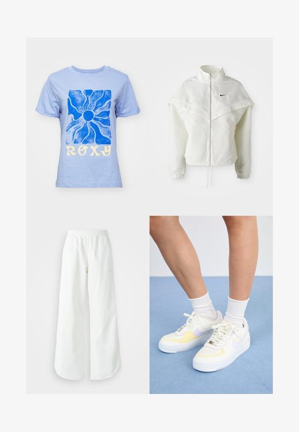 Biela bunda s dlhým rukávom na zips a vysokým golierom, s plášťovým detailom cez plecia, elastickými manžetami a malým čiernym logom Nike na hrudi.; Svetlomodré bavlnené tričko s modrou slnečnou grafikou a nápisom "ROXY" v žltom písme. Klasický okrúhly výstrih a krátke rukávy.; Biele široké športové nohavice s ribbovaným pásom a jemným logom. Hladká tkanina s uvoľneným strihom a zúženým lemom.; Biele kožené tenisky s žltými a levanduľovými akcentmi, okrúhle špičky, ploché šnúrky a textúrovaná gumová podrážka. Nosené s bielymi ponožkami.