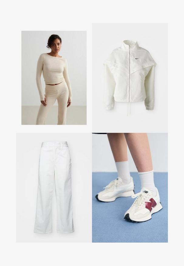 Balta garās piedurknes ar rāvējslēdzēju jaka ar augstu apkakli, apmetņa līdzīga detaļa uz pleciem, elastīgas aproces un mazs melns Nike logotips uz krūtīm.; Bežs ribots garām piedurknēm tops un atbilstoši augstās jostasvietas bikses, maiga tekstūra, pieguļošs dizains, minimālisma stils, ar smalkiem šuvēm.; Balti platie kājas bikses no kokvilnas, ar gludu tekstūru, taisnu piegriezumu, priekšējām kabatām un tīru apakšmalu.; Balti sporta apavi ar tumši sarkaniem akcentiem, teksturētām detaļām, plakanu melnu zoli un gaišajām šņorēm, valkāti ar baltām potīšu zeķēm.