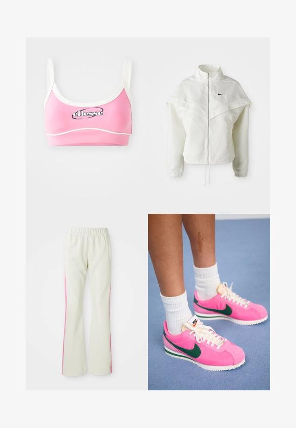 Valge pikkade varrukatega tõmblukuga jakk kõrge kraega, kätetooted, mis meenutavad katet õlgadel, elastsete mansettidega ja väikese musta Nike logoga rinnal.; Roosa spordirinnahoidja valge äärise ja rihmadega, mille ees on silmapaistev must "ellesse" logo. Sile tekstuur ja sportlik disain.; Heledad beežid püksid elastse vöökoha ja roosade külgmiste paneelidega, mis sisaldavad küljetaskuid. Sile tekstuur ja sirge lõige.; Roosa Nike'i tossud roheliste aktsentidega, millel on sile materjal, valged paelad ja tekstuuriga tallaosa. Valged sokid, mis on nähtavad üle pahkluude.