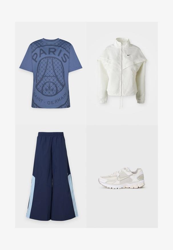 Weiße langärmlige Zip-Jacke mit hohem Kragen, cape-artigem Detail über den Schultern, elastischen Bündchen und kleinem schwarzen Nike-Logo auf der Brust.; Blaues Baumwoll-T-Shirt mit strukturiertem Grafikdesign und dem Text "PARIS" und "SAINT-GERMAIN", rundem Ausschnitt und kurzen Ärmeln.; Marinefarbene weite Hosen mit einem elastischen Bund, die hellblaue Seitenpaneele und eine glatte Textur aufweisen. Designed für Komfort und Bewegungsfreiheit.; Weiße Sportschuhe aus Mesh- und Synthetikmaterialien. Verfügt über ein strukturiertes Design, einen gepolsterten Schaft und geometrische Akzente an der Ferse.
