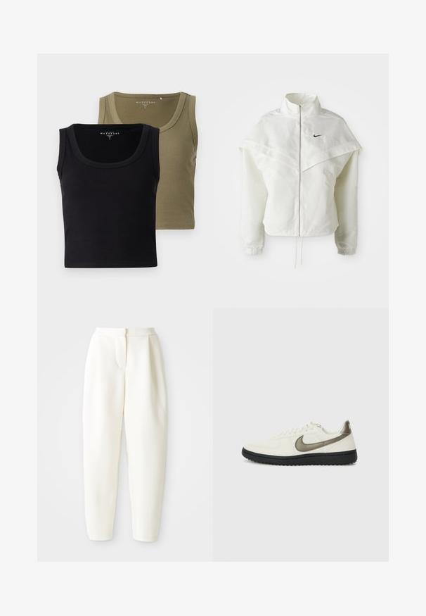 Balta ilga rankovė zip-up striukė su aukštu apykakle, švarkelio tipo detalėmis ant pečių, elastingomis rankovėmis ir mažuoju juodu Nike logotipu ant krūtinės.; Juodos ir alyvuogių žalios spalvos raukšlėti tankų marškiniai su plačiomis petnešėlėmis ir apvaliu iškirpimu, pasižymintys minkšta tekstūra ir prigludusia forma.; Baltos aukšto liemens siaurėjantys keliai su paslėptu priekinio uždarymo mechanizmu ir šoninėmis kišenėmis, pristatyti prieš paprastą baltą foną.; Nike Sportswear FIELD GENERAL - Sportbačiai - off-white/black