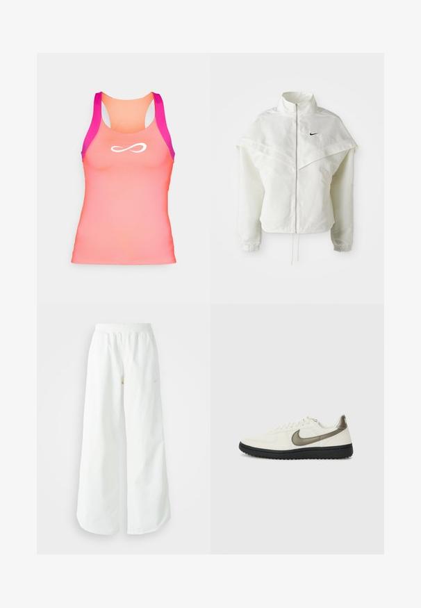 Bela jakna z dolgimi rokavi in zadrgo, visokim ovratnikom, plaščastim detajlom čez ramena, elastičnimi manšetami in majhnim črnim logotipom Nike na prsih.; Racerback majica brez rokavov v gradientnih odtenkih koraljne in roza barve, z gladko in raztegljivo teksturo. Na sprednji strani je bel infinity logo.; Bela športna hlače širokega kroja z rebrastim pasom in diskretno logotipno podrobnostjo. Gladek material z sproščenim krojem in zoženim robom.; Nike Sportswear FIELD GENERAL - Športni copati - off-white/black