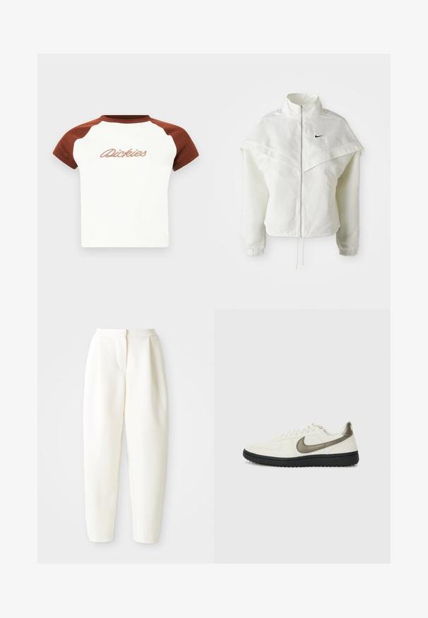 Valge pikkade varrukatega tõmblukuga jakk kõrge kraega, kätetooted, mis meenutavad katet õlgadel, elastsete mansettidega ja väikese musta Nike logoga rinnal.; Lühikeste varrukatega t-särk valge kehaga ja pruuni raglanvarrukatega. Rinnal on stiliseeritud niidiga "Dickies" kiri. Sile tekstuur.; Kõrge vöökoht ja kitsenevad valged püksid peidetud esiklõike ja küljetaskutega, esitlemine lihtsa valge tausta ees.; Nike Sportswear FIELD GENERAL - Tossud - off-white/black