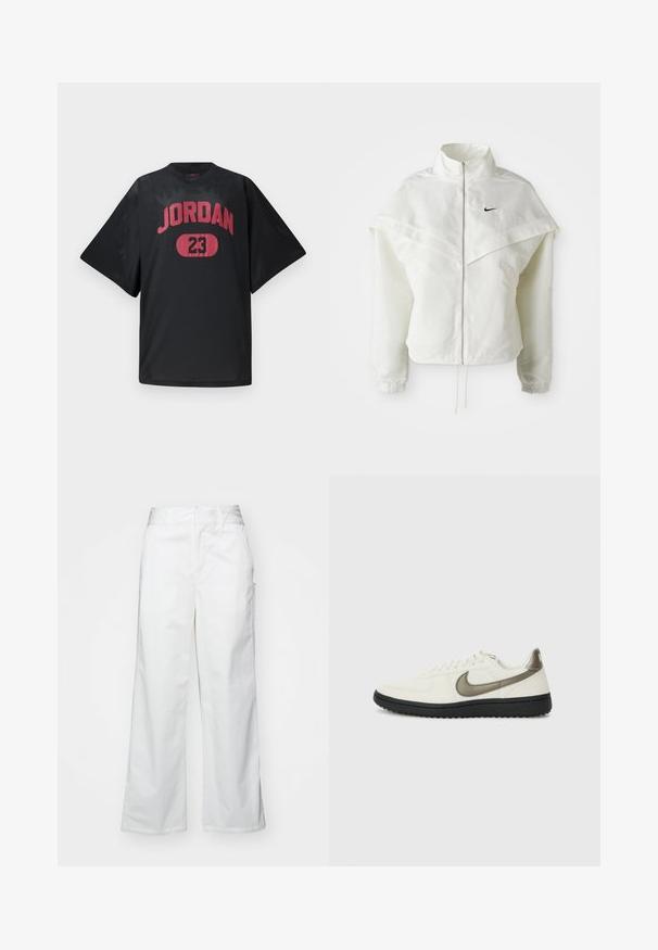 Jaqueta branca de mangas longas com fecho éclair e gola alta, detalhe tipo capa nos ombros, punhos elásticos e pequeno logótipo preto da Nike no peito.; Camisola de malha preta com a inscrição "JORDAN" em vermelho intenso e o número "23" em um oval vermelho. Corte largo com mangas curtas.; Calças largas brancas feitas de algodão, com uma textura suave, corte reto, bolsos frontais e bainha limpa.; Nike Sportswear FIELD GENERAL - Sapatilhas - off-white/black