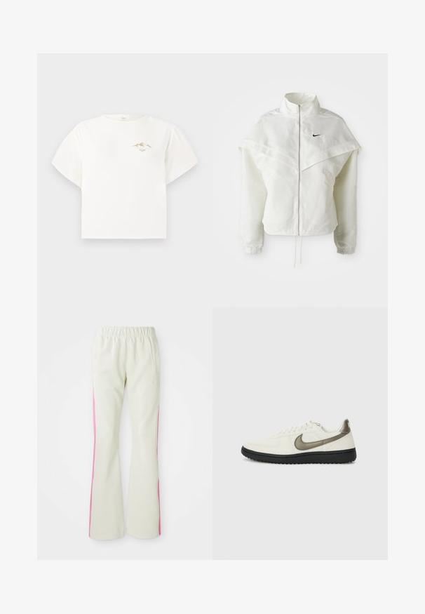 White long-sleeve zip-up jacket with high collar, cape-like detail across shoulders, elastic cuffs, and small black Nike logo on chest.; White short-sleeve t-shirt made of cotton, featuring a small gold mountain graphic on the chest and a loose, boxy fit.; Light beige pants with an elastic waistband, featuring pink side panels and side pockets. Smooth texture with a straight-leg design.; Nike Sportswear FIELD GENERAL - Trainers - off-white/black