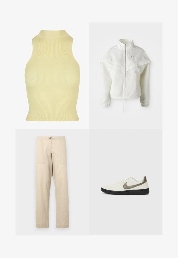 Jachetă albă cu mâneci lungi, cu fermoar, guler înalt, detalii asemănătoare unei capele pe umeri, manșete elastice și un mic logo Nike negru pe piept.; Top fără mâneci, cu un model cu nervuri, de culoare galben deschis, prezentând un gât înalt și o siluetă strânsă. Fabricat dintr-un material tricotat elastic pentru confort.; Pantaloni din bumbac bej, cu croi drept, având buzunare frontale, închidere cu nasture și margini manșonate. Textură netedă și design minimalist.; Nike Sportswear FIELD GENERAL - Sneakers low - off-white/black