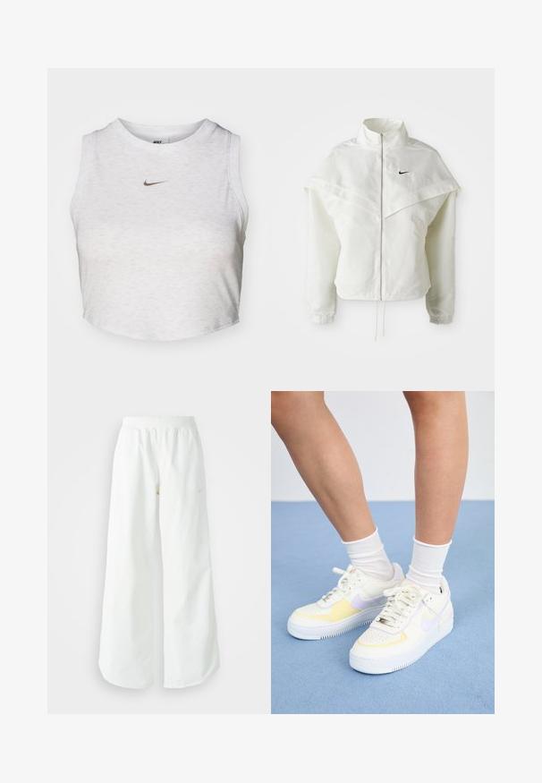 Λευκό ζακέτα με μακριά μανίκια και κλείσιμο με φερμουάρ, υψηλό γιακά, λεπτομέρεια που μοιάζει με κάπα στους ώμους, ελαστικούς μανσέτες και μικρό μαύρο λογότυπο Nike στο στήθος.; Λευκό cropped top από μαλακό, υφασματώδη υλικό. Διαθέτει στρογγυλή λαιμόκοψη και είναι χωρίς μανίκια, με ένα μικρό χρυσό λογότυπο Nike μπροστά.; Λευκό αθλητικό παντελόνι σε φαρδιά γραμμή με ραμμένο ζώνη και διακριτική λεπτομέρεια λογότυπου. Απαλή υφή με άνετη εφαρμογή και στενό στρίφωμα.; Λευκά δερμάτινα αθλητικά παπούτσια με κίτρινες και λιλά λεπτομέρειες, στρογγυλή μύτη, επίπεδες κορδόνια και υφασμάτινη σόλα από καουτσούκ με υφή. Φοριούνται με λευκές κάλτσες.