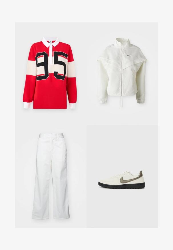 Jaqueta branca de mangas longas com fecho éclair e gola alta, detalhe tipo capa nos ombros, punhos elásticos e pequeno logótipo preto da Nike no peito.; Pólo vermelho de mangas compridas com um colarinho branco e um ousado design em preto e branco do número "95" na frente. Fabricado em mistura de algodão com um acabamento suave.; Calças largas brancas feitas de algodão, com uma textura suave, corte reto, bolsos frontais e bainha limpa.; Nike Sportswear FIELD GENERAL - Sapatilhas - off-white/black