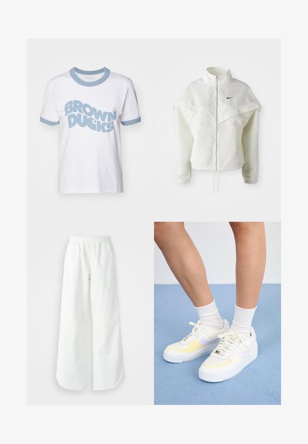 Valge pikkade varrukatega tõmblukuga jakk kõrge kraega, kätetooted, mis meenutavad katet õlgadel, elastsete mansettidega ja väikese musta Nike logoga rinnal.; Valge puuvillane T-särk helesinise ribakrae ja varrukatega. Ees boldsinise tekstiga "BROWN DUCKS".; Valged laiad spordipüksid, ribadega vöökoht ja diskreetne logosümbol. Sile kangas, lõdvestatud istuvus ja kitsenev ääreosa.; Valged nahast tossud kollaste ja lavendlitoonide aktsentidega, ümar varvas, tasased paelad ja tekstureeritud kummist tald. Kannab valgeid sokke.