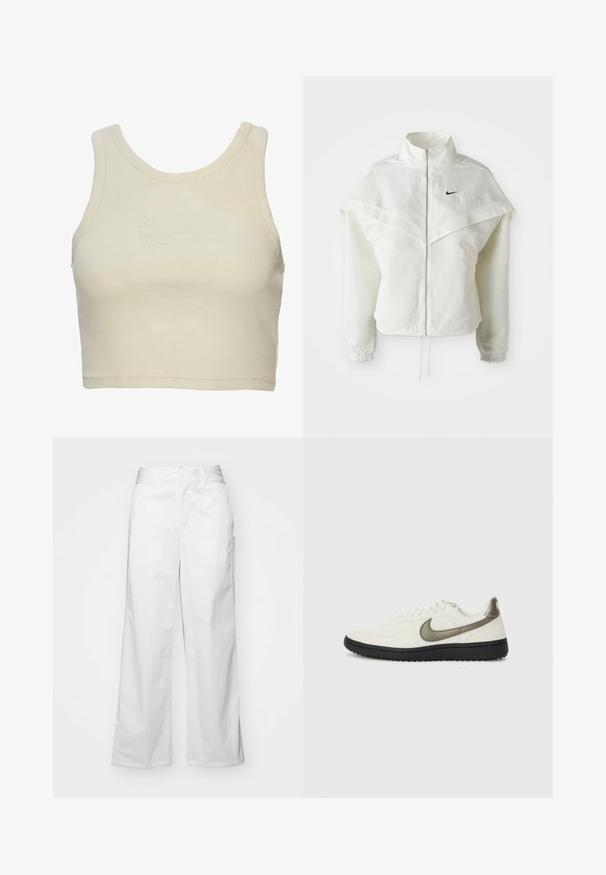 Hvid langærmet zip-up jakke med høj krave, kappe-lignende detaljer over skuldrene, elastiske manchetter og lille sort Nike-logo på brystet.; Korte tanktop i blød creamfarvet stof, med ribbet tekstur og et diskret broderet logo på forsiden. Minimalistisk design.; Hvide brede bukser lavet af bomuld, med en glat overflade, lige pasform, forlommer og en ren kant.; Nike Sportswear FIELD GENERAL - Sneakers - off-white/black