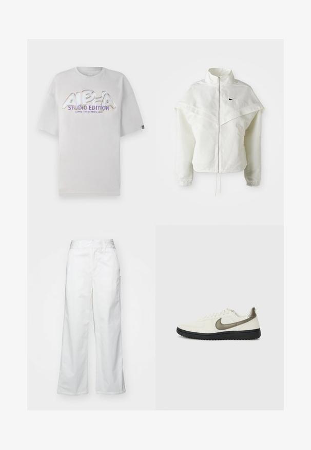 White long-sleeve zip-up jacket with high collar, cape-like detail across shoulders, elastic cuffs, and small black Nike logo on chest.; White short-sleeve t-shirt with a round neckline featuring a glossy, multicolored "ALPHA STUDIO EDITION" logo across the front.; White wide-leg trousers made from cotton, featuring a smooth texture, straight fit, front pockets, and a clean hem.; Nike Sportswear FIELD GENERAL - Trainers - off-white/black