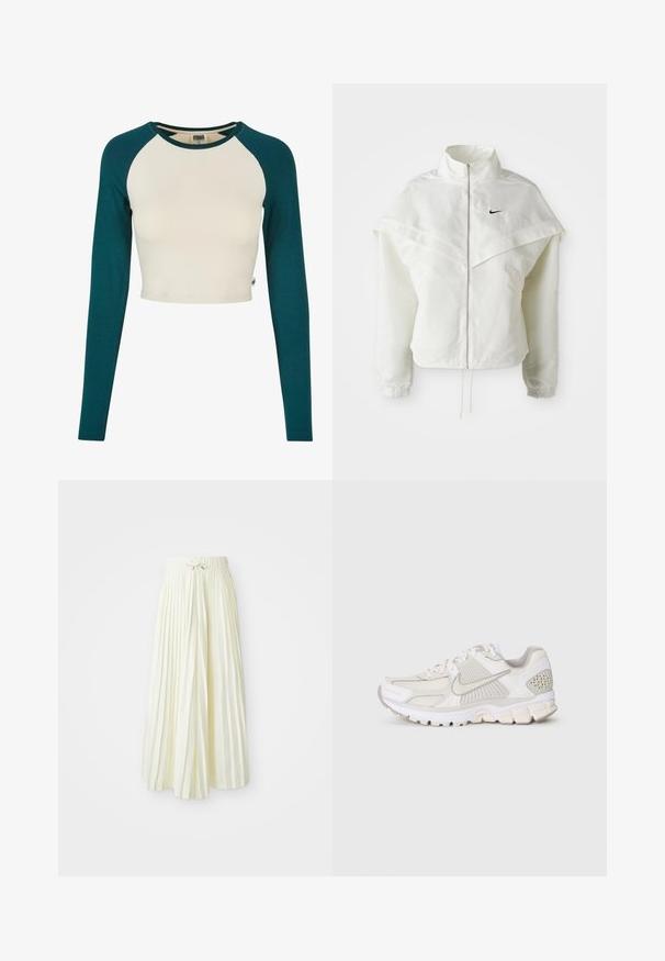 Hvit langermet jakke med glidelås og høy krage, kappe-lignende detaljer over skuldrene, elastiske mansjetter, og liten svart Nike-logo på brystet.; Korte topp med lange ermer. Har en kremfarget kropp og teal ermer. Laget av myk bomull, med rund hals og minimale sømdetaljer.; Plisse midi-skjørt i lys gul stoff, med elastisk midjebånd med knyting, glatt tekstur og vertikale striper for ekstra detaljer.; Hvit atletisk sko laget av mesh og syntetiske materialer. Har et teksturert design, polstret krage og geometriske detaljer på hælen.