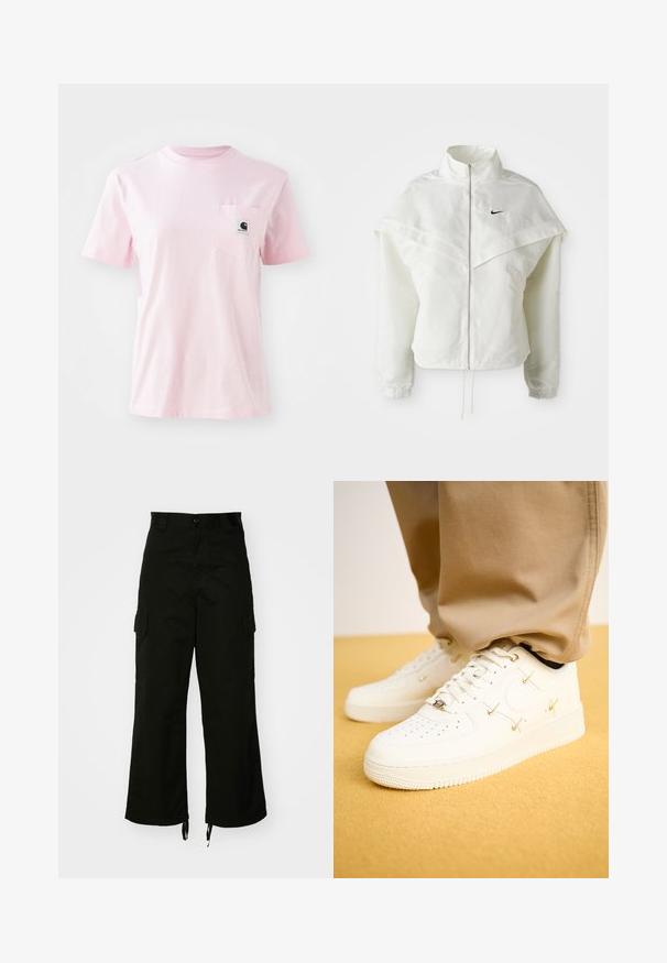 Vit långärmad zip-up jacka med hög krage, kap-liknande detalj över axlarna, elastiska ärmslut och liten svart Nike-logga på bröstet.; Rosa bomullströja med rund halsringning, korta ärmar och en vänster bröstficka som har en liten logotypapplikation. Slät textur.; Svart cargobyxa i bomull med vida ben, sidofickor och dragsko vid fållen. Designen inkluderar en knappstängning i midjan.; Vita lädersneakers med perforerade tår, gyllene detaljer och plana snören, i kombination med beige byxor på en strukturerad gul yta.