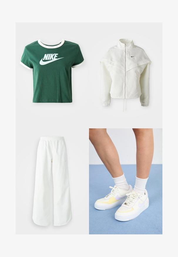Λευκό ζακέτα με μακριά μανίκια και κλείσιμο με φερμουάρ, υψηλό γιακά, λεπτομέρεια που μοιάζει με κάπα στους ώμους, ελαστικούς μανσέτες και μικρό μαύρο λογότυπο Nike στο στήθος.; Πράσινο βαμβακερό μπλουζάκι με λευκές λεπτομέρειες, κοντά μανίκια και ριμπ κολάρο. Διαθέτει μεγάλη λευκή λογότυπο της Nike στο μπροστινό μέρος.; Λευκό αθλητικό παντελόνι σε φαρδιά γραμμή με ραμμένο ζώνη και διακριτική λεπτομέρεια λογότυπου. Απαλή υφή με άνετη εφαρμογή και στενό στρίφωμα.; Λευκά δερμάτινα αθλητικά παπούτσια με κίτρινες και λιλά λεπτομέρειες, στρογγυλή μύτη, επίπεδες κορδόνια και υφασμάτινη σόλα από καουτσούκ με υφή. Φοριούνται με λευκές κάλτσες.
