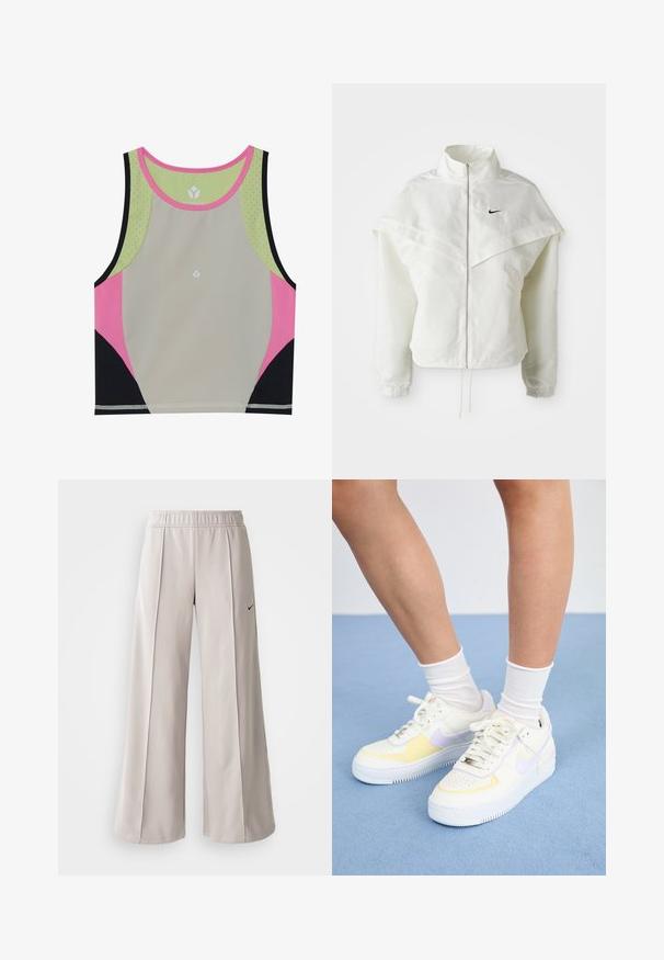 Biała, długozapinana kurtka na zamek z wysokim kołnierzem, z pelerynowym detalem na ramionach, elastycznymi mankietami i małym czarnym logo Nike na piersi.; Kolorowy crop top sportowy z jasnoszarym korpusem, różowymi, czarnymi i zielonymi akcentami oraz okrągłym dekoltem z perforowanymi detalami.; Jasnoszare spodnie o szerokich nogawkach, wykonane z gładkiego materiału. Posiadają elastyczny pas i czarne logo Nike po lewej stronie.; Białe skórzane sneakersy z żółtymi i lawendowymi akcentami, okrągły nos, płaskie sznurówki i teksturowana gumowa podeszwa. Noszone z białymi skarpetkami.