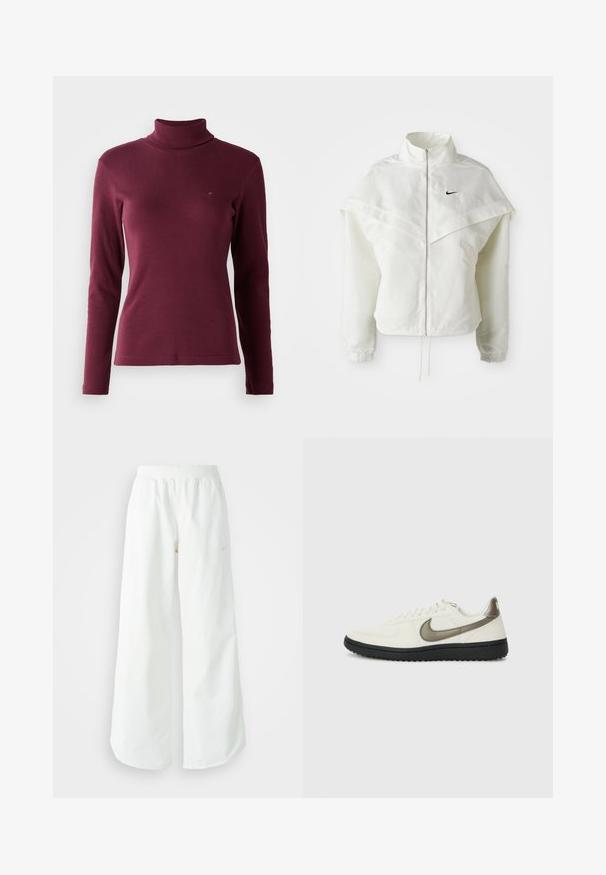 Valge pikkade varrukatega tõmblukuga jakk kõrge kraega, kätetooted, mis meenutavad katet õlgadel, elastsete mansettidega ja väikese musta Nike logoga rinnal.; Burgundia pikkade varrukatega kõrge kaelusega kampsun ribakanga valmistatud, millel on nõtke disain ja väike logo tikitud ees.; Valged laiad spordipüksid, ribadega vöökoht ja diskreetne logosümbol. Sile kangas, lõdvestatud istuvus ja kitsenev ääreosa.; Nike Sportswear FIELD GENERAL - Tossud - off-white/black