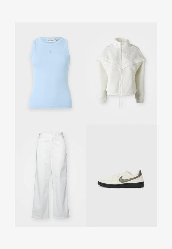 Bela jakna z dolgimi rokavi in zadrgo, visokim ovratnikom, plaščastim detajlom čez ramena, elastičnimi manšetami in majhnim črnim logotipom Nike na prsih.; Svetlo modra rebrasta majica brez rokavov z okroglo izrezom in majhnim logotipom na prsih. Narejena je iz mehke, elastične tkanine.; Bele hlače širokega kroja iz bombaža, z gladko teksturo, pravim fitom, sprednjimi žepi in čistim robom.; Nike Sportswear FIELD GENERAL - Športni copati - off-white/black