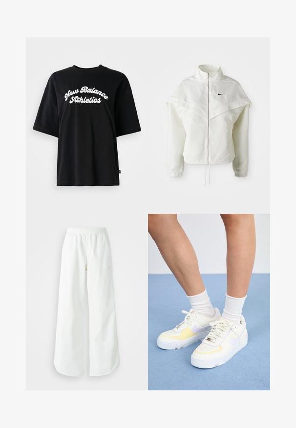 White long-sleeve zip-up jacket with high collar, cape-like detail across shoulders, elastic cuffs, and small black Nike logo on chest.; Black cotton T-shirt with short sleeves and a round neck, featuring white text "New Balance Athletics" in a curved design.; White wide-leg athletic pants with a ribbed waistband and subtle logo detail. Smooth fabric with a relaxed fit and tapered hem.; White leather sneakers with yellow and lavender accents, round toe, flat laces, and textured rubber sole. Worn with white socks.