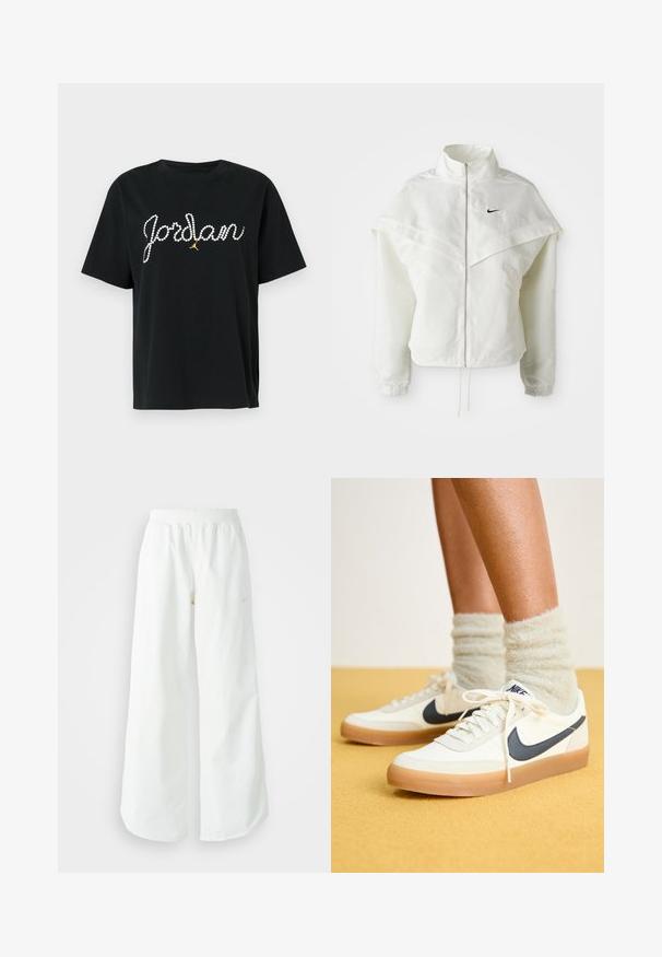 Biela bunda s dlhým rukávom na zips a vysokým golierom, s plášťovým detailom cez plecia, elastickými manžetami a malým čiernym logom Nike na hrudi.; Čierne bavlnené tričko s krátkymi rukávmi, na ktorom je napísané "Jordan" z kamienkov a pod textom je zlatý prvok logo skáčuceho muža.; Biele široké športové nohavice s ribbovaným pásom a jemným logom. Hladká tkanina s uvoľneným strihom a zúženým lemom.; Biele tenisky Nike s námorníckym logom, textúrovaná tkanina, biele šnúrky a gumená podrážka, kombinované s chlpatými svetlozelenými ponožkami. Žlté pozadie.