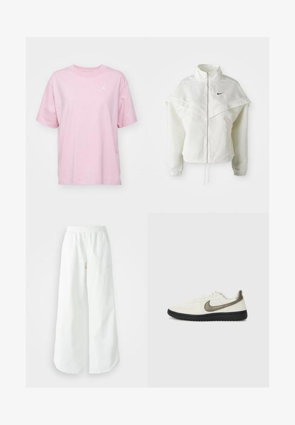 Valge pikkade varrukatega tõmblukuga jakk kõrge kraega, kätetooted, mis meenutavad katet õlgadel, elastsete mansettidega ja väikese musta Nike logoga rinnal.; Jordan TEE CORE 23 - Lihtne T-särk - pink glaze/white; Valged laiad spordipüksid, ribadega vöökoht ja diskreetne logosümbol. Sile kangas, lõdvestatud istuvus ja kitsenev ääreosa.; Nike Sportswear FIELD GENERAL - Tossud - off-white/black