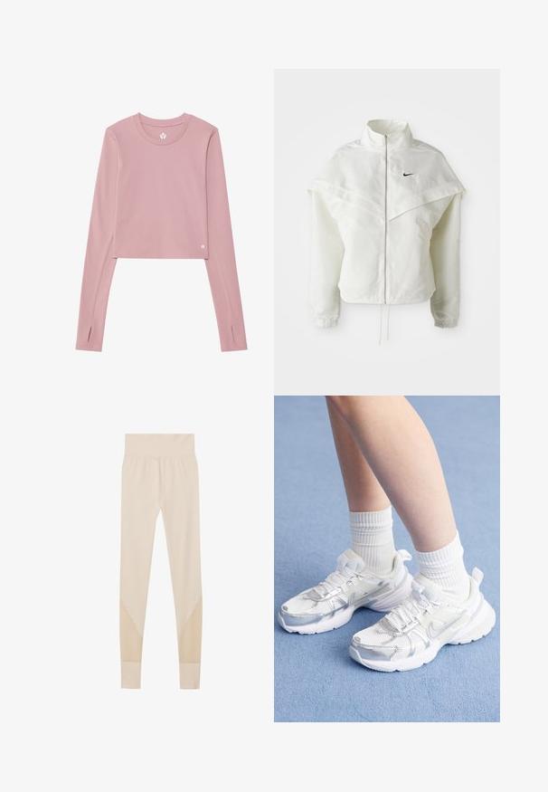 Biela bunda s dlhým rukávom na zips a vysokým golierom, s plášťovým detailom cez plecia, elastickými manžetami a malým čiernym logom Nike na hrudi.; Dlhý rukáv skrátený top z jemnej ružovej látky; má okrúhly výstrih, otvory na palce v manžetách a malé logo na leme.; Béžové legíny vyrobené z elastického materiálu, s širokým pásom a sieťovinovými akcentmi v trojuholníkovom tvare na spodnej časti nohavíc.; Biele športové topánky s sieťovinou a syntetickými prekrytiami, so strieborným logom Nike, kombinované s rebrovanými bielymi ponožkami na modrom povrchu.