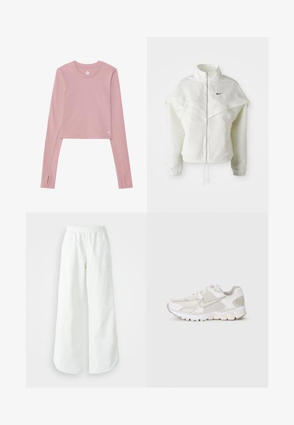 Jaqueta branca de mangas longas com fecho éclair e gola alta, detalhe tipo capa nos ombros, punhos elásticos e pequeno logótipo preto da Nike no peito.; Top cropped de mangas longas em tecido rosa suave; apresenta um decote redondo, buracos para os polegares nas mangas e um pequeno logótipo na bainha.; Calças atléticas largas brancas com uma cintura canelada e um discreto detalhe de logótipo. Tecido suave com um corte relaxado e terminações ajustadas.; Sapatilha atlética branca com materiais em malha e sintéticos. Apresenta um design texturizado, colarinho almofadado e acentos geométricos no calcanhar.