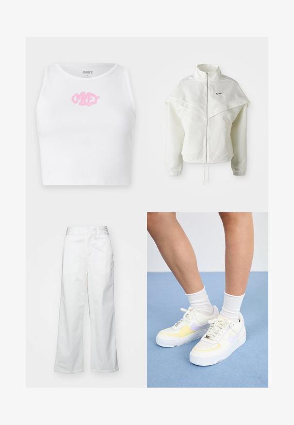 Balta ilga rankovė zip-up striukė su aukštu apykakle, švarkelio tipo detalėmis ant pečių, elastingomis rankovėmis ir mažuoju juodu Nike logotipu ant krūtinės.; Balta briaunota trumpa palaidinė su rožiniu "OBEY" logotipu centre. Pagaminta su apvaliu kaklu ir be rankovių dizainu.; Balti plačios kojos kelnės, pagamintos iš medvilnės, turinčios lygią tekstūrą, tiesų siluetą, priekinės kišenės ir švarų apvado kraštą.; Baltos odinės sportbačiai su geltonais ir levandų akcentais, apvaliu pirštu, plokščiomis raišteliais ir tekstūruota guma. Dėvimi su baltais kojinėmis.
