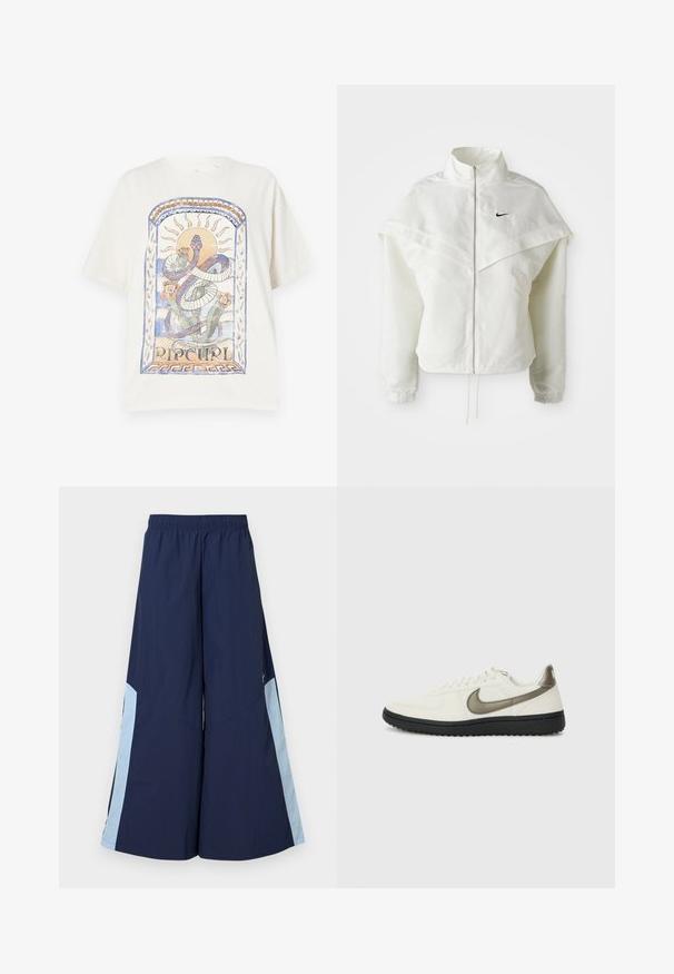 Balta garās piedurknes ar rāvējslēdzēju jaka ar augstu apkakli, apmetņa līdzīga detaļa uz pleciem, elastīgas aproces un mazs melns Nike logotips uz krūtīm.; Krēmpilis kokvilnas T-kreklā ir krāsains grafiskais dizains ar čūsku, sauli un ziediem zilās un oranžās krāsās, ar tekstu "RIP CURL."; Jūras spēku platākā kāju bikses ar elastīgu jostasvietu, kurām ir gaiši zilas sānu ielaidumi un gluda tekstūra. Izstrādātas komfortam un vieglai kustībai.; Nike Sportswear FIELD GENERAL - Treniņu apavi - off-white/black