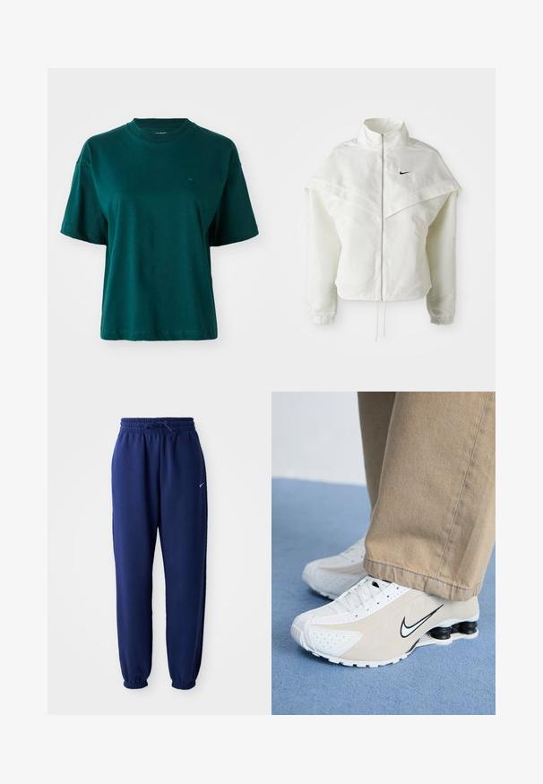 Weiße langärmlige Zip-Jacke mit hohem Kragen, cape-artigem Detail über den Schultern, elastischen Bündchen und kleinem schwarzen Nike-Logo auf der Brust.; Dunkelgrünes T-Shirt mit kurzen Ärmeln aus Baumwolle, mit Rundhalsausschnitt und kleinem Logo auf der linken Brustseite. Einfaches Design.; Dunkelblaue Sweatpants aus weichem Material, mit einem elastischen Bund und Kordelzug, elastischen Bündchen und einem kleinen weißen Logo.; Weiße und beigefarbene Nike-Sneaker mit durchlöchertem Design, schwarzem Swoosh-Logo, strukturiertem Obermaterial und auffälliger, federnder schwarzer Ferse.