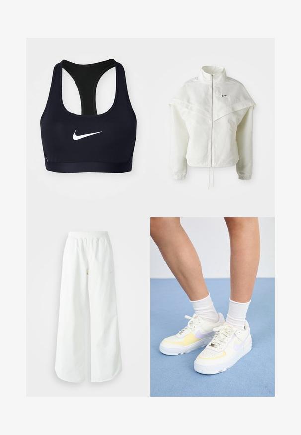 Jaqueta branca de mangas longas com fecho éclair e gola alta, detalhe tipo capa nos ombros, punhos elásticos e pequeno logótipo preto da Nike no peito.; Nike Sportswear Top - black; Calças atléticas largas brancas com uma cintura canelada e um discreto detalhe de logótipo. Tecido suave com um corte relaxado e terminações ajustadas.; Sneakers de couro branco com detalhes em amarelo e lavanda, bico arredondado, cadarços planos e sola de borracha texturizada. Usados com meias brancas.