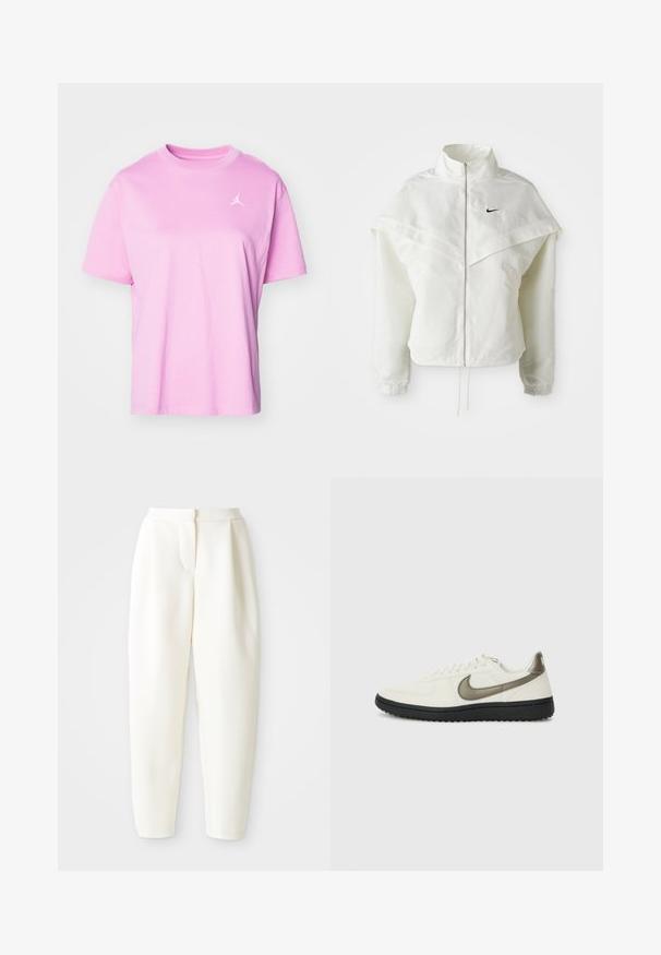 Balta garās piedurknes ar rāvējslēdzēju jaka ar augstu apkakli, apmetņa līdzīga detaļa uz pleciem, elastīgas aproces un mazs melns Nike logotips uz krūtīm.; Jordan TEE - Pamata T-krekls - orchid; Augstas jostas līnijas, sašaurināti balti bikses ar slēptu priekšējo aizdari un sānu kabatām, attēloti uz vienkrāsaina balta fona.; Nike Sportswear FIELD GENERAL - Treniņu apavi - off-white/black