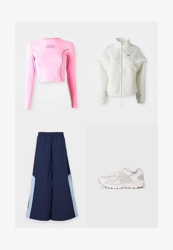 Hvid langærmet zip-up jakke med høj krave, kappe-lignende detaljer over skuldrene, elastiske manchetter og lille sort Nike-logo på brystet.; Pink langærmet crop top lavet af strækbart stof. Har en rund halsudskæring og kontrasterende syninger. Nike-logoet er broderet på brystet.; Marineblå brede benbukser med elastisk talje, der har lyseblå sidelapper og en glat tekstur. Designet til komfort og bevægelsesfrihed.; Hvid atletisk sko lavet af mesh og syntetiske materialer. Har et struktureret design, polstret krave og geometriske detaljer på hælen.