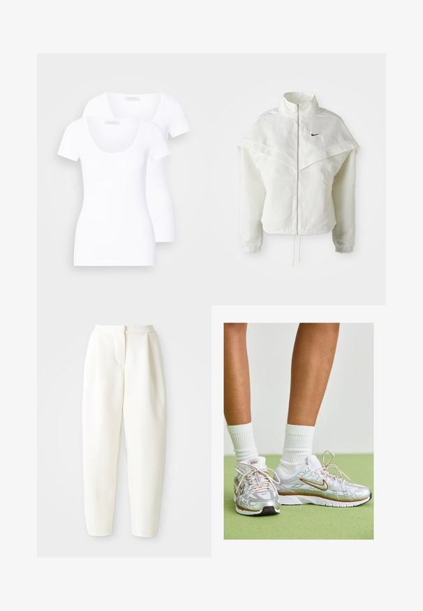 Vit långärmad zip-up jacka med hög krage, kap-liknande detalj över axlarna, elastiska ärmslut och liten svart Nike-logga på bröstet.; Två vita kortärmade t-shirts med rundad halsringning, tillverkade av slätt tyg, med en figurnära design och utan synliga mönster eller accenter.; Höga, avsmalnande vita byxor med dolda framknäppningar och sidofickor, uppvisade mot en enfärgad vit bakgrund.; Silvriga sportskor med vita och guldiga detaljer, med en mesh-ovandel, gummisula och en reflekterande finish. Strumpor synliga ovanför ankeln.