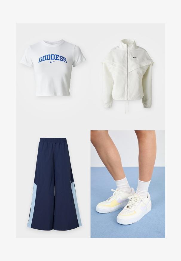 Hvit langermet jakke med glidelås og høy krage, kappe-lignende detaljer over skuldrene, elastiske mansjetter, og liten svart Nike-logo på brystet.; Hvit cropped t-skjorte laget av myk stoff. Har blå "GODDESS" tekst og Nike-logo i midten. Korte ermer og rund hals.; Maritime vide bukser med elastisk talje, med lyseblå sidelapper og en glat tekstur. Designet for komfort og let bevægelse.; Hvit lær sneakers med gule og lavendel detaljer, rund tå, flate lisser, og teksturert gummisåle. Brukt med hvite sokker.
